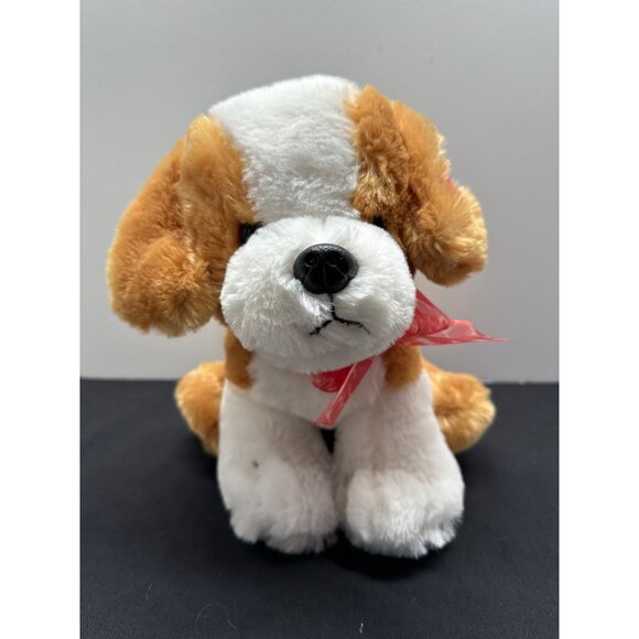 Best Made Toys Cuddly & Soft Toy Tan White Dog Plush With Red Bow For All Ages - Picture 1 of 7